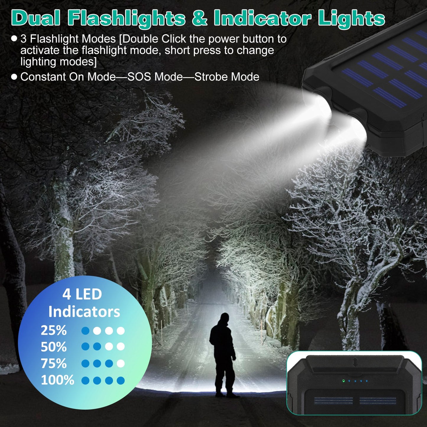 10000mAh Solar Power Bank with Dual USB Ports and LED Flashlight