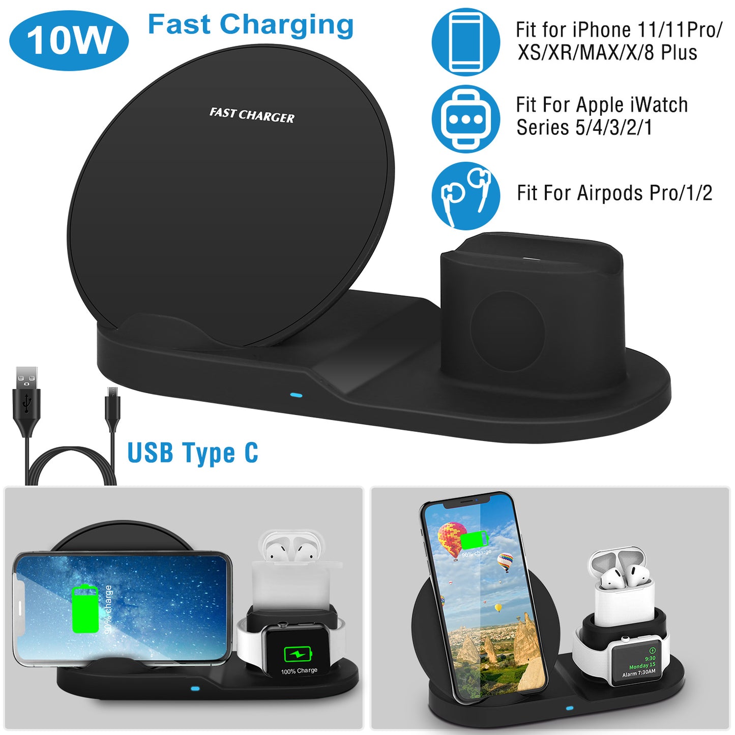 3-in-1 Wireless Charging Station 10W Fast Charge Dock