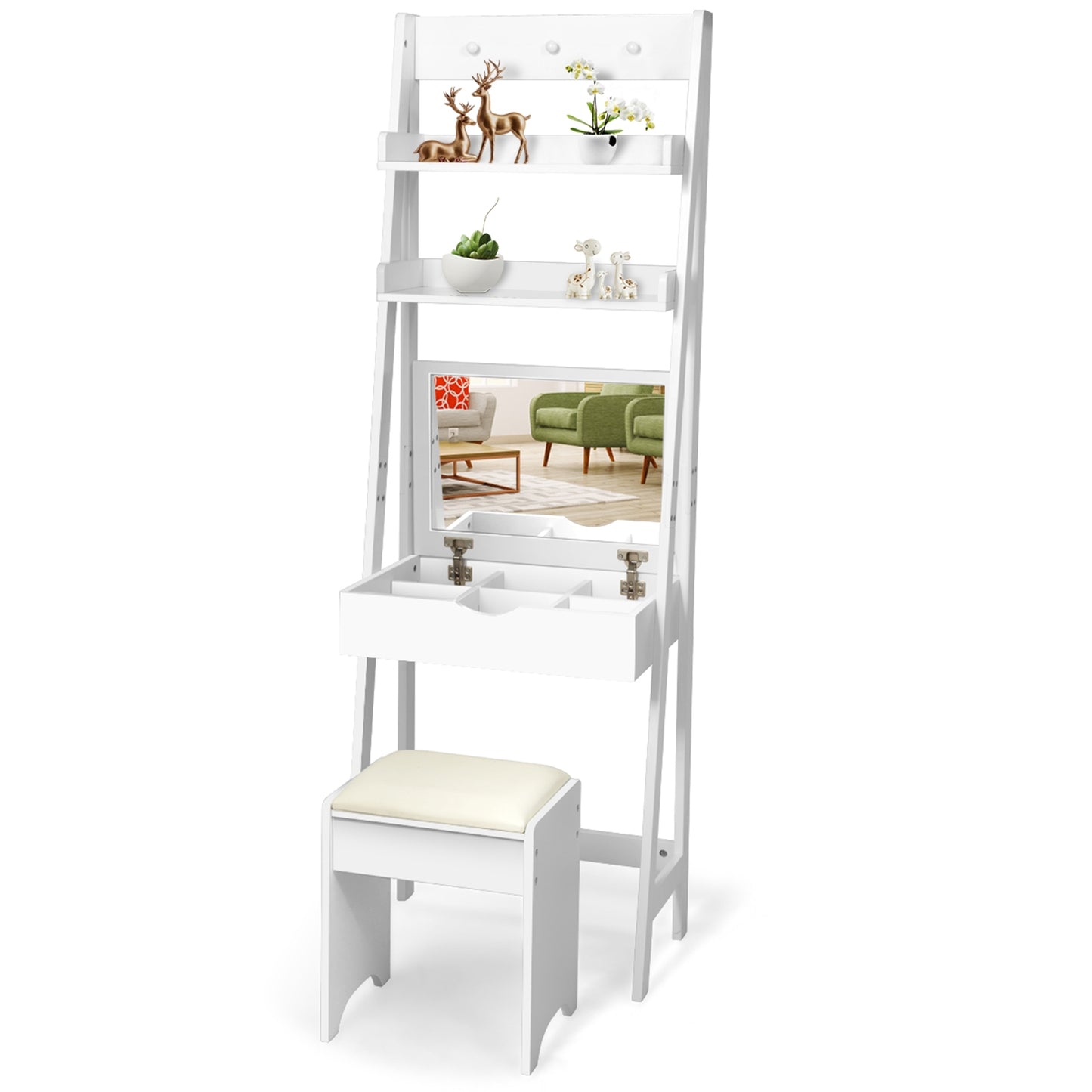 3-in-1 Vanity Set with Flip Top Mirror and Cushioned Stool