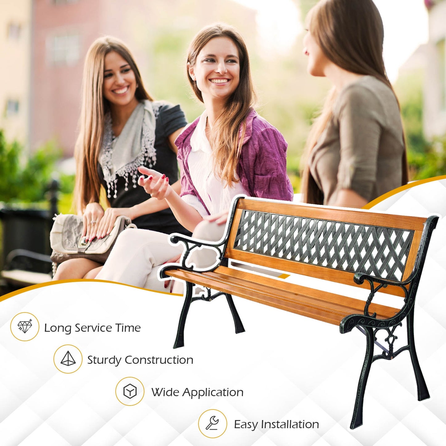 Cast Iron Patio Bench with Wood Seat - 463 lb Capacity