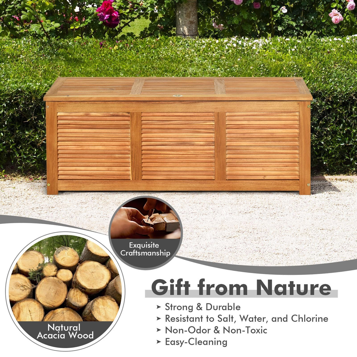 46 Gallon Acacia Wood Storage Bench Box for Patio Garden Deck