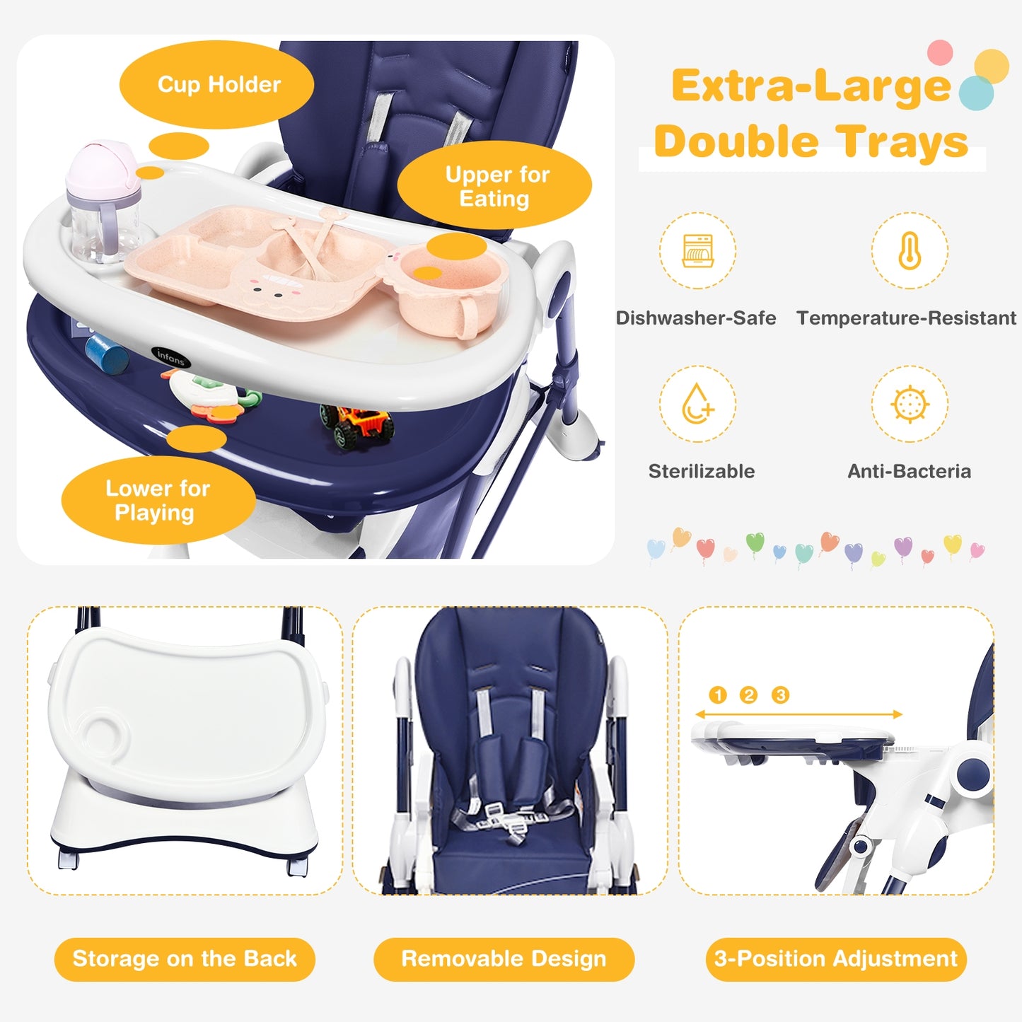 Foldable High Chair with 4 Lockable Wheels and 5-Point Harness