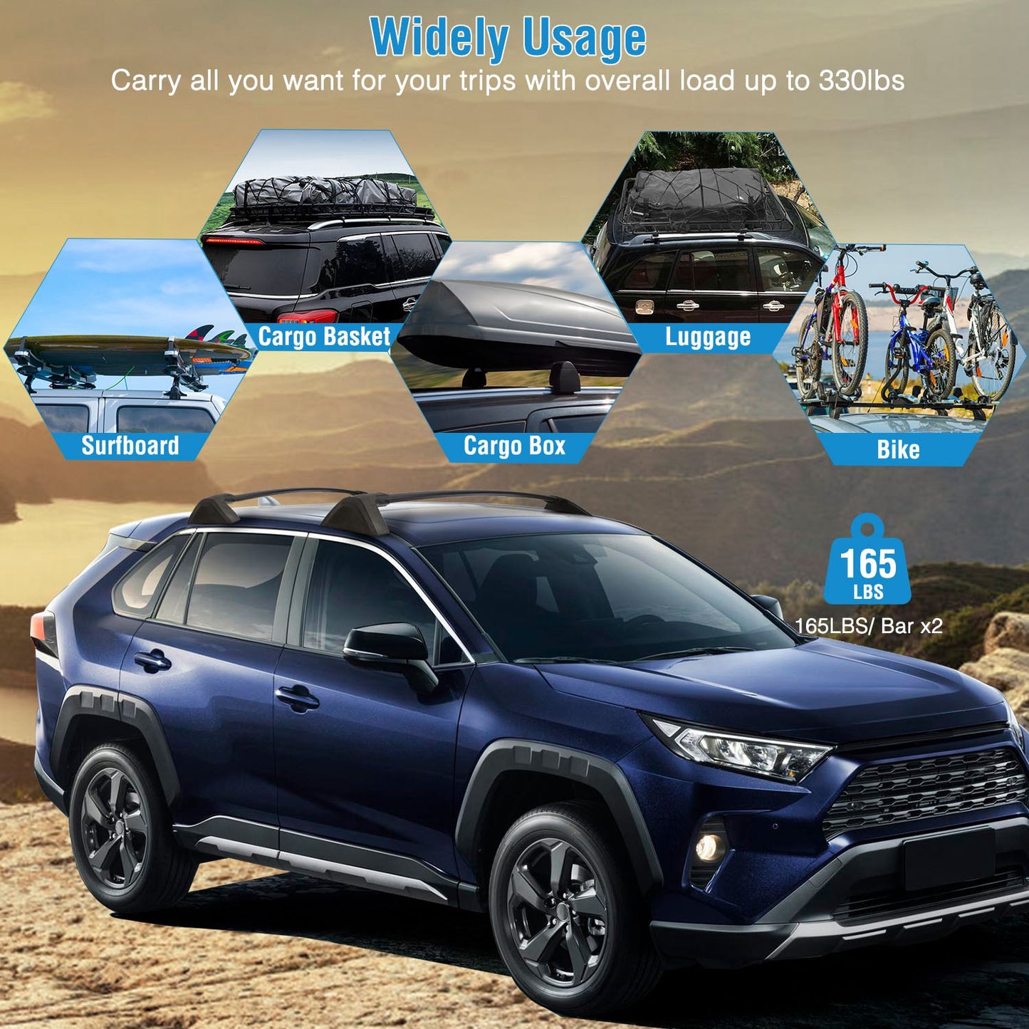 Roof Rack Cross Bars for Toyota RAV4 2019-2024 - 330 lbs Capacity