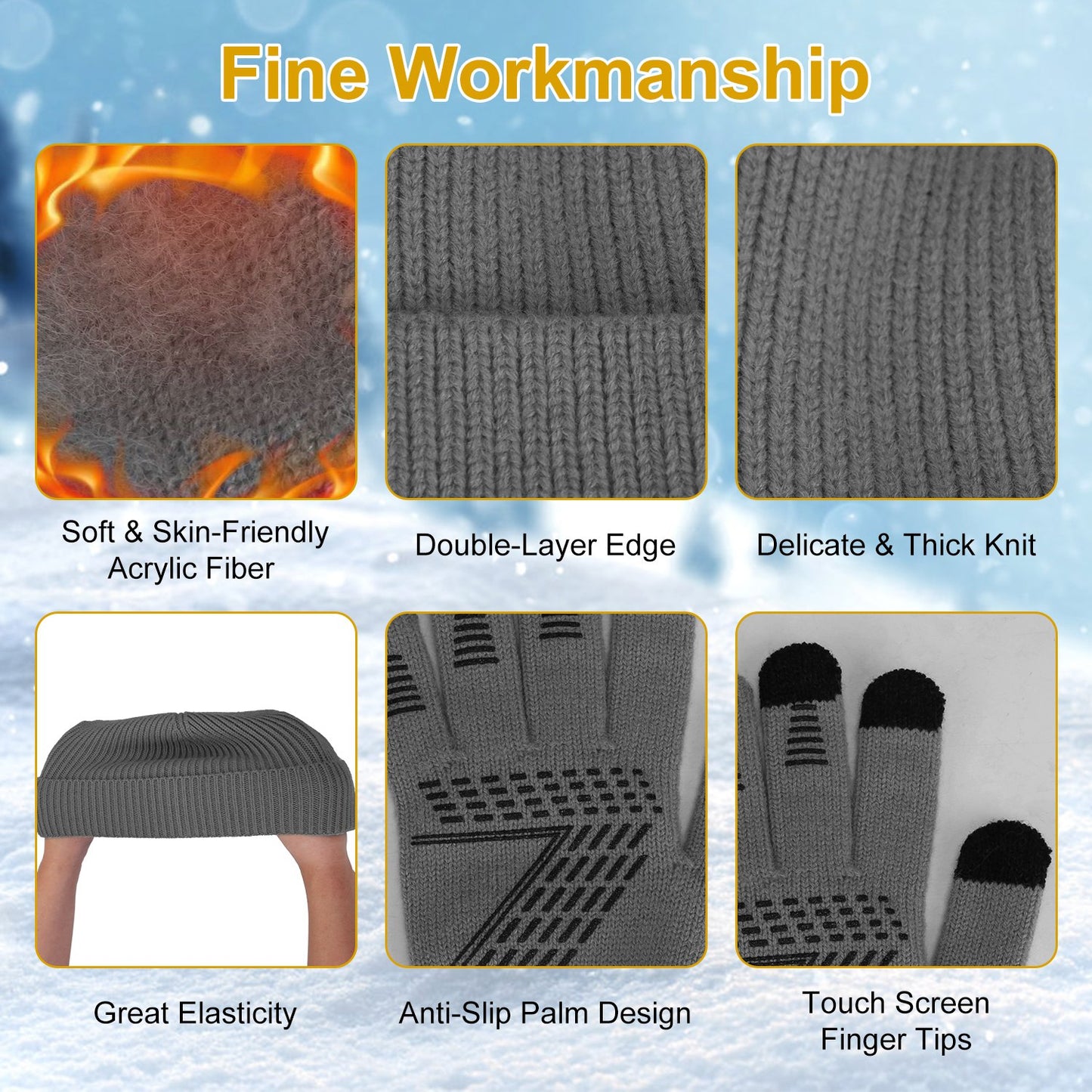 3Pcs Winter Warm Beanie and Touch Screen Gloves