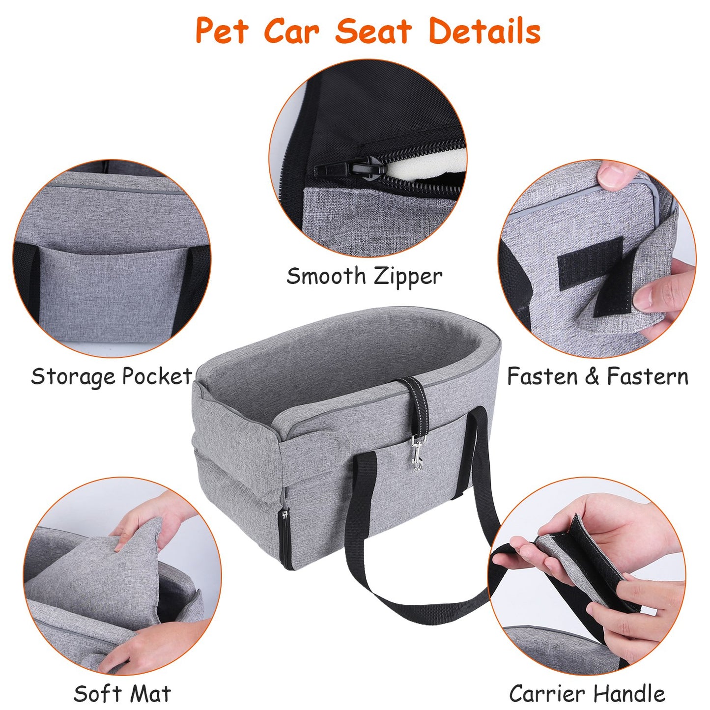 Console Pet Car Seat with Storage Pocket for Small Dogs & Cats