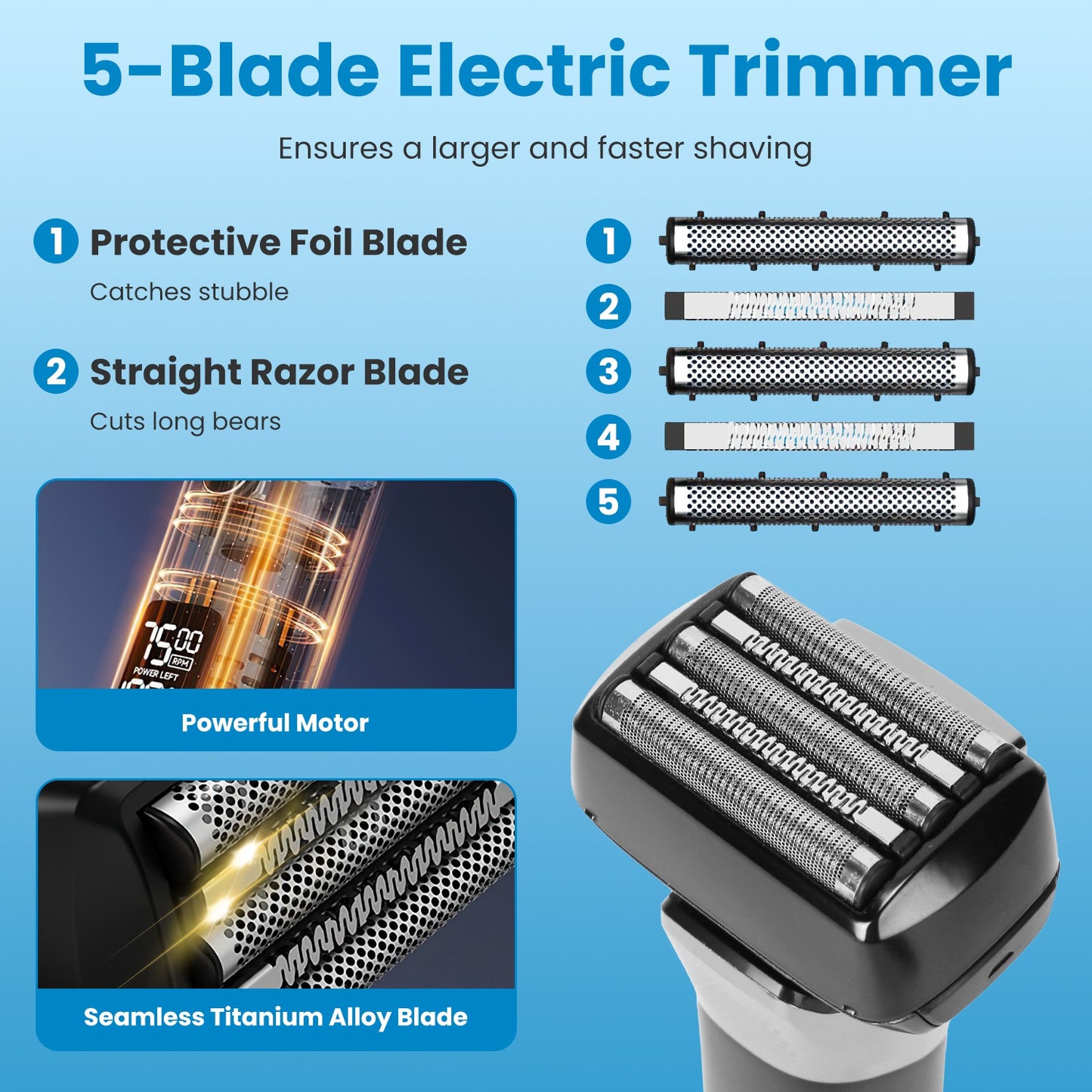 Electric Foil Face Shaver 5-Blade Electric Razor for Men Wet & Dry Jawline Beard Trimmer Precision Sideburn Shavers IPX6 Waterproof with LED Display C