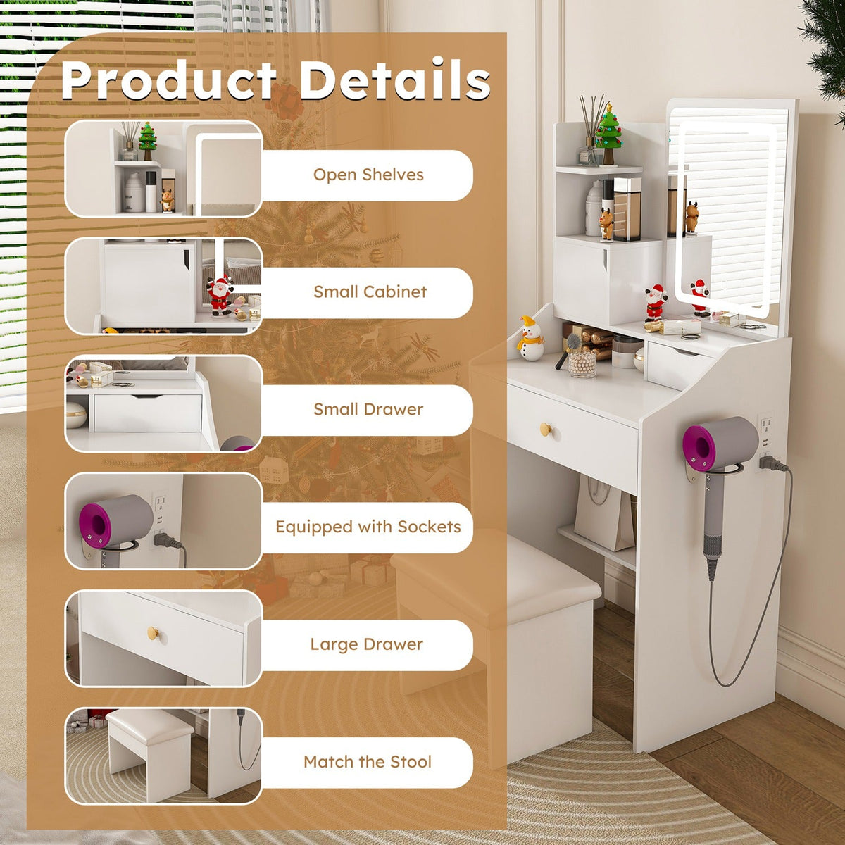 White Vanity Desk Set with LED Lighted Mirror & Padded Stool