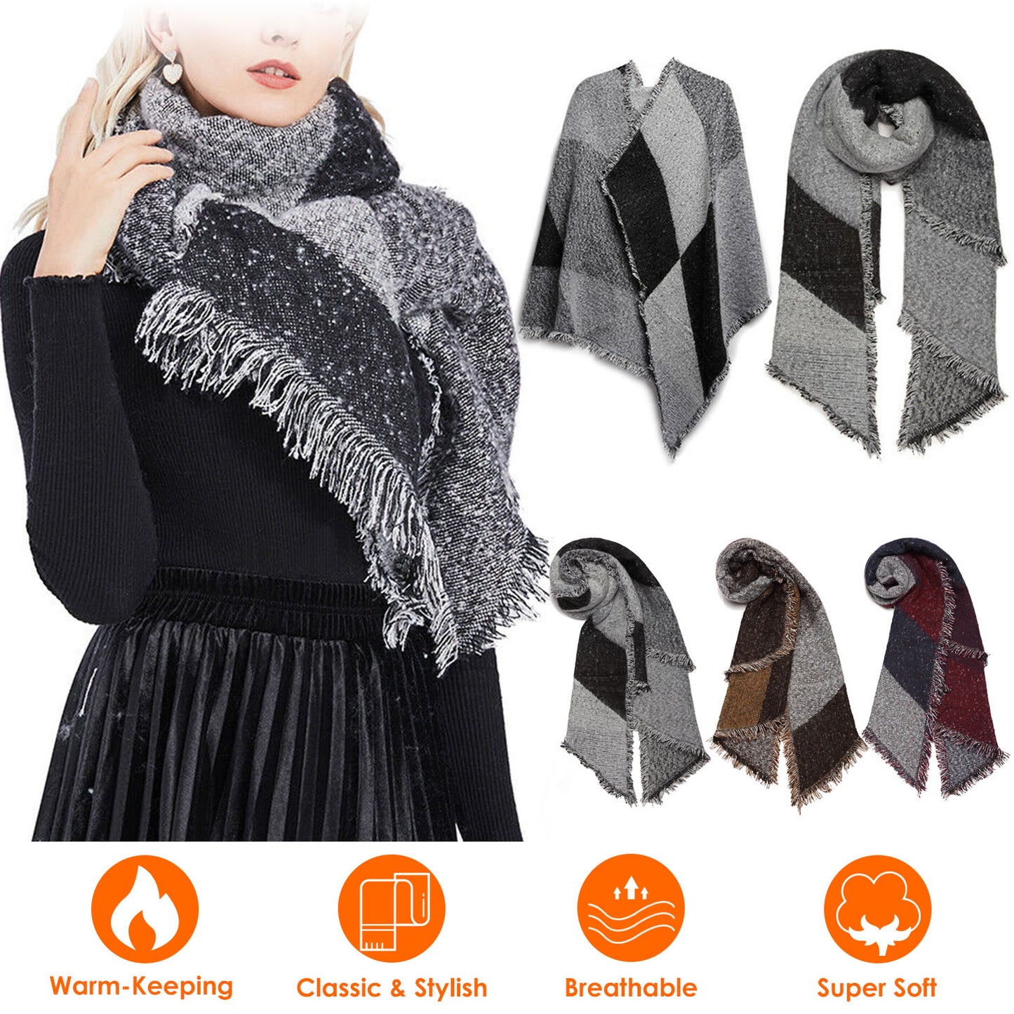 Women Plaid Winter Scarf & Cape