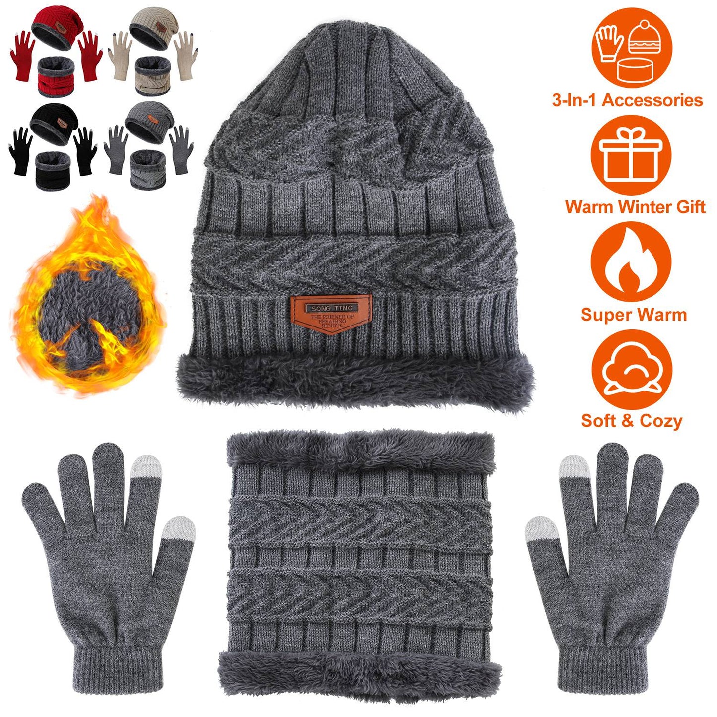 Winter Knitted Hat Scarf Gloves 3Pcs Winter Warm Beanie and Touch Screen Gloves Scarf Set Knit Beanie Skull Cap Neck Warmer Mittens for Men Women