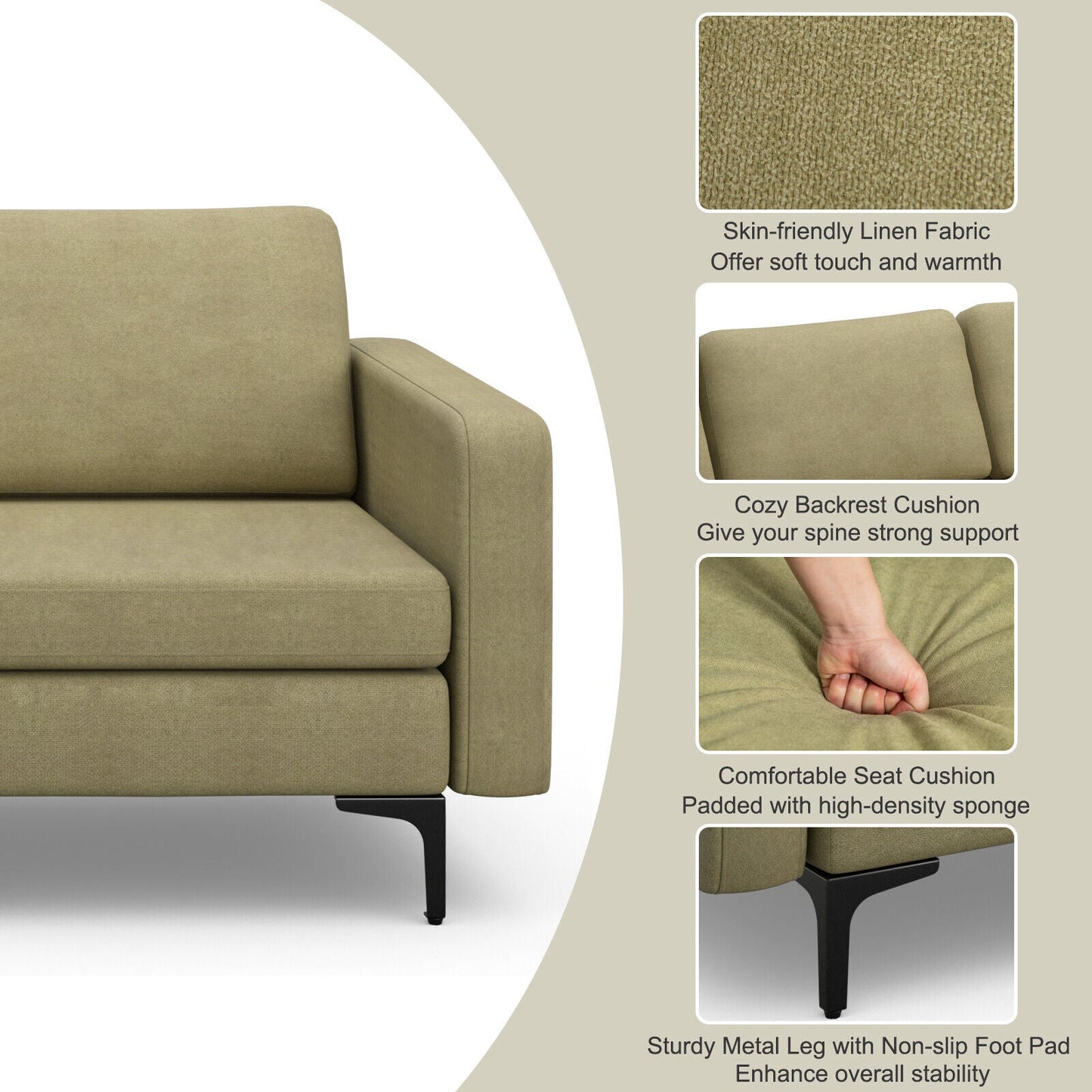 3-Seat Sectional Sofa Couch with Armrest Magazine Pocket and Metal Leg