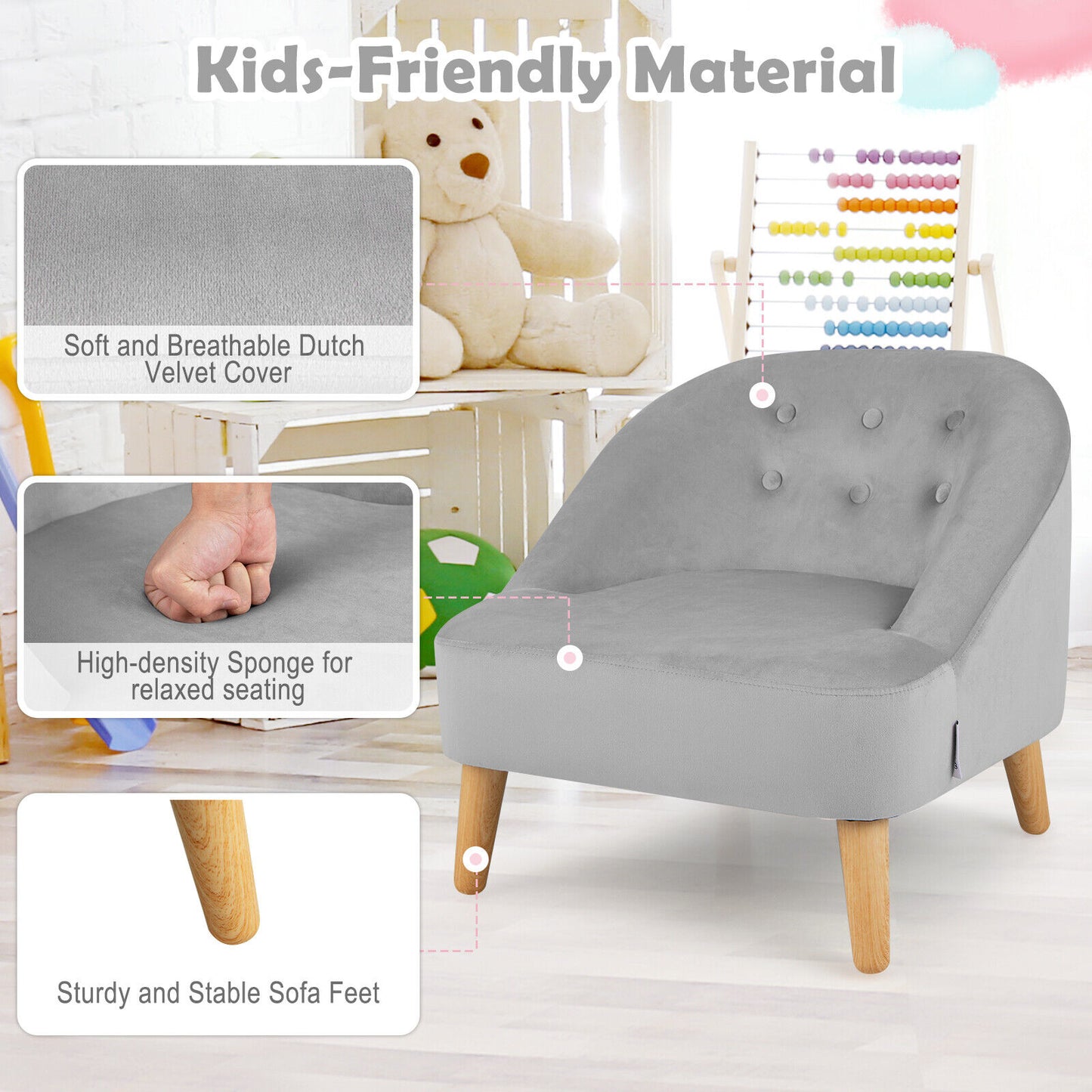 Kids Velvet Sofa Chair with Ottoman - Gray