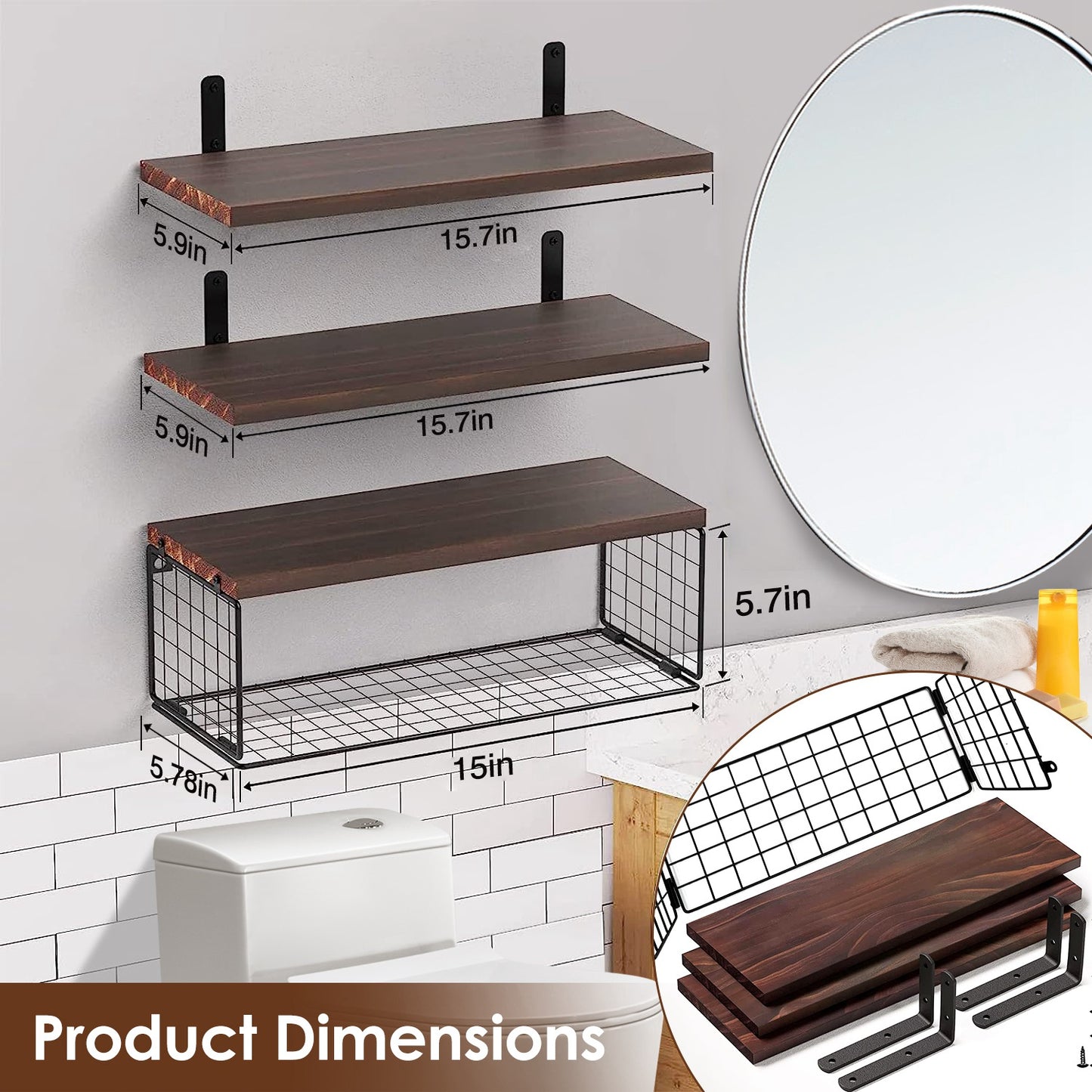 Floating Shelves Wall Mounted with Storage Basket - 3 Tier Wood