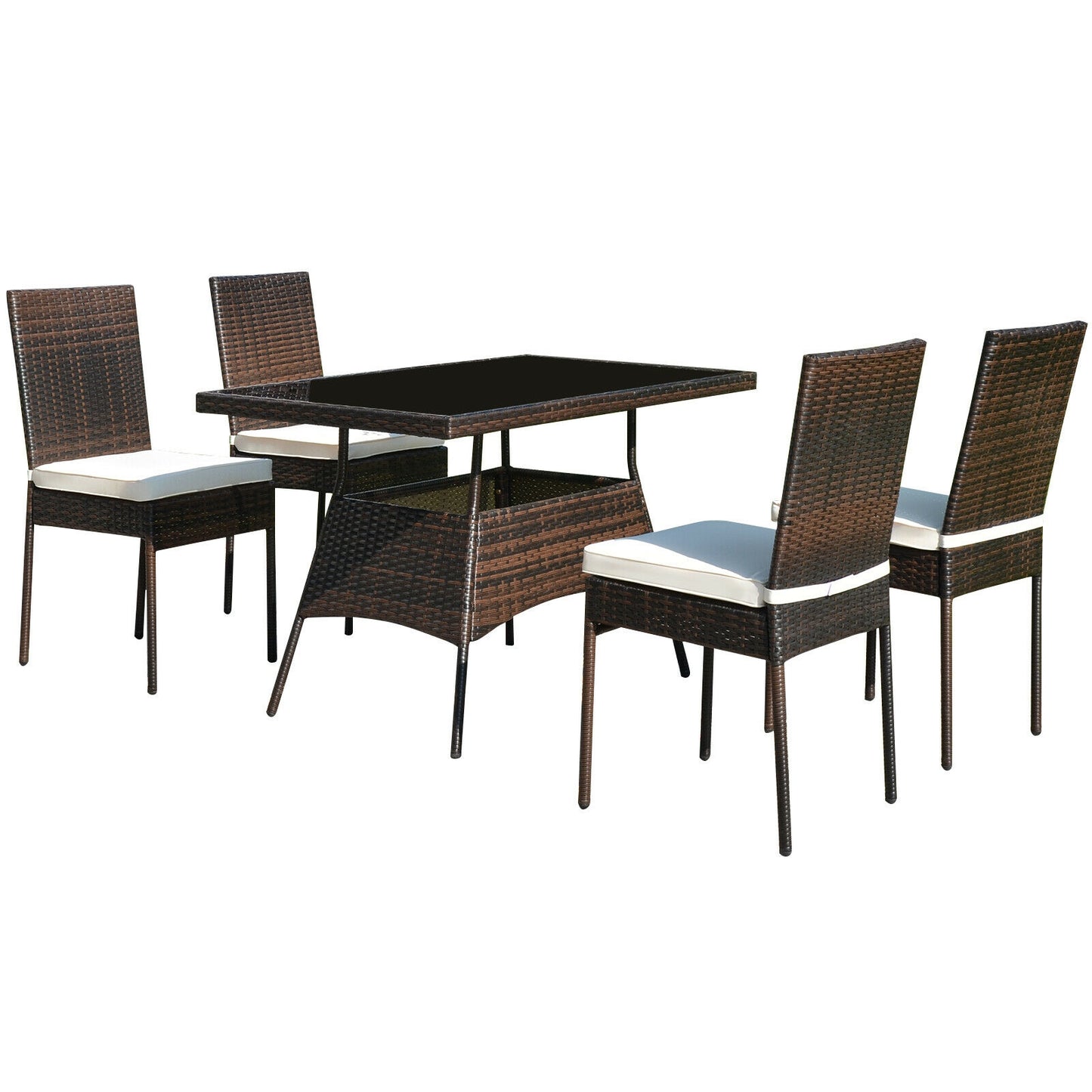 5-Piece Rattan Patio Dining Set with Glass Table & Cushions