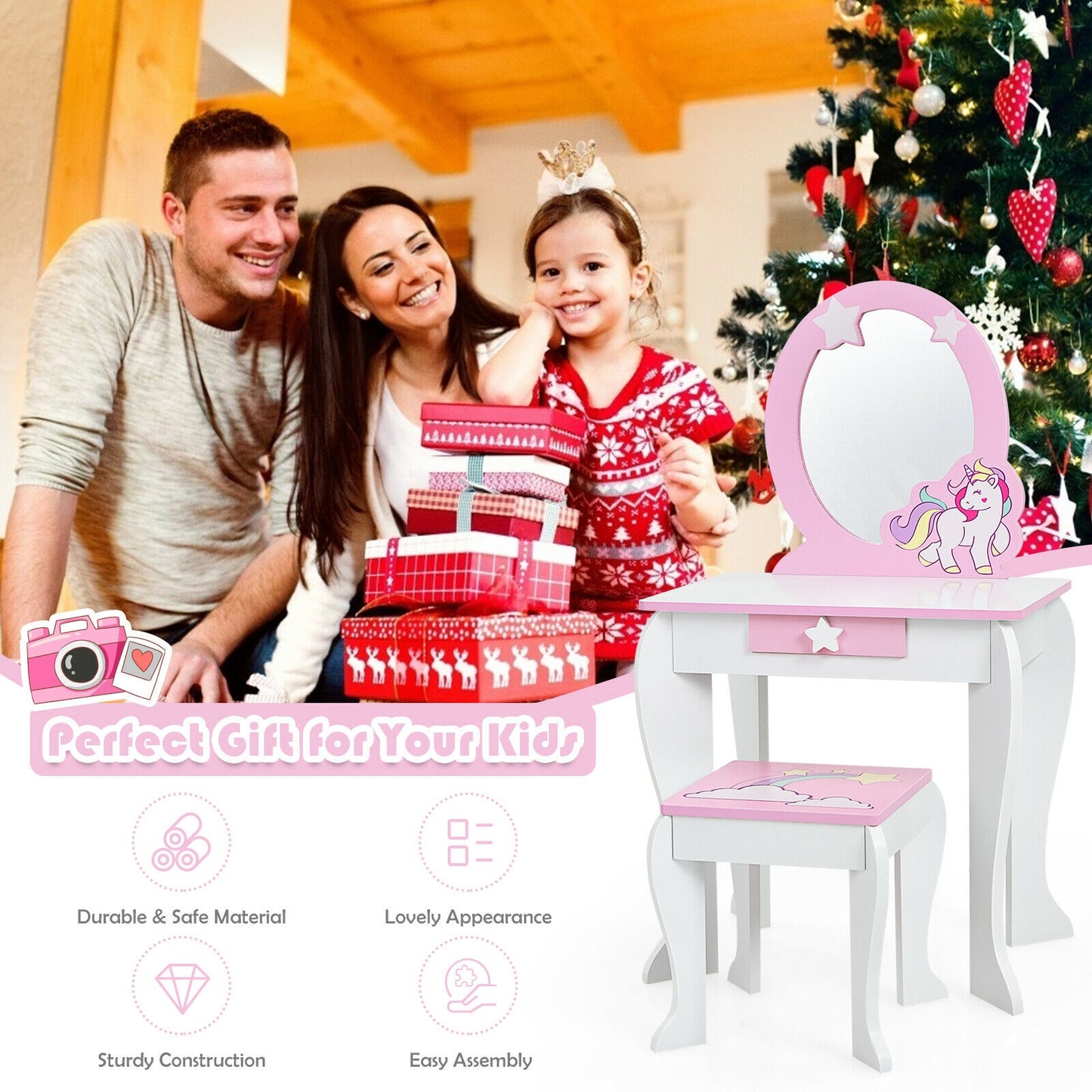 Kids Wooden Vanity Table and Chair Set with Mirror and Drawer