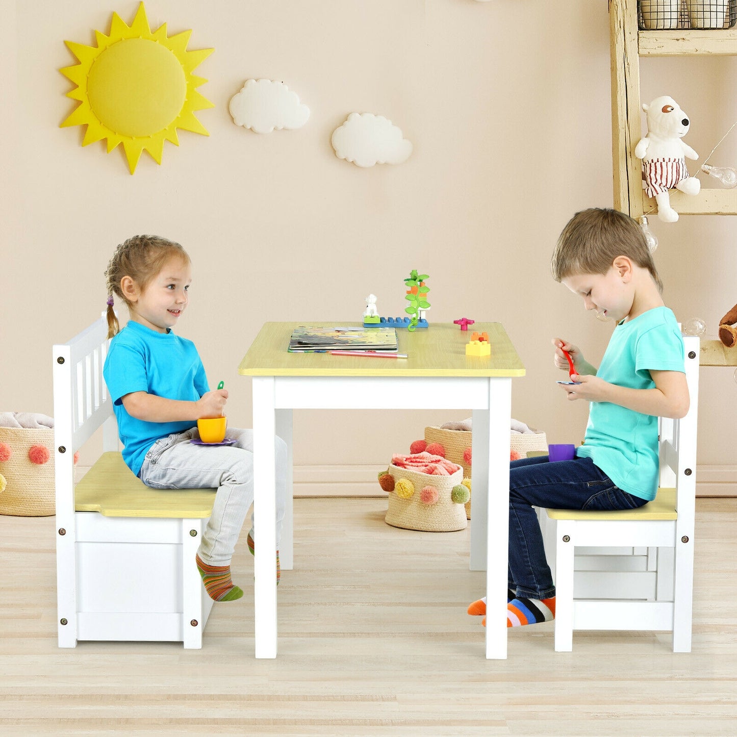 Kids Wooden Activity Table and Chairs Set with Storage Bench