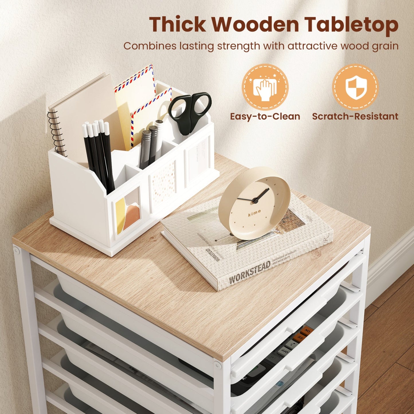 10-Drawer Rolling Storage Cart Mobile Utility Organizer with Wooden Tabletop and Lockable Wheels