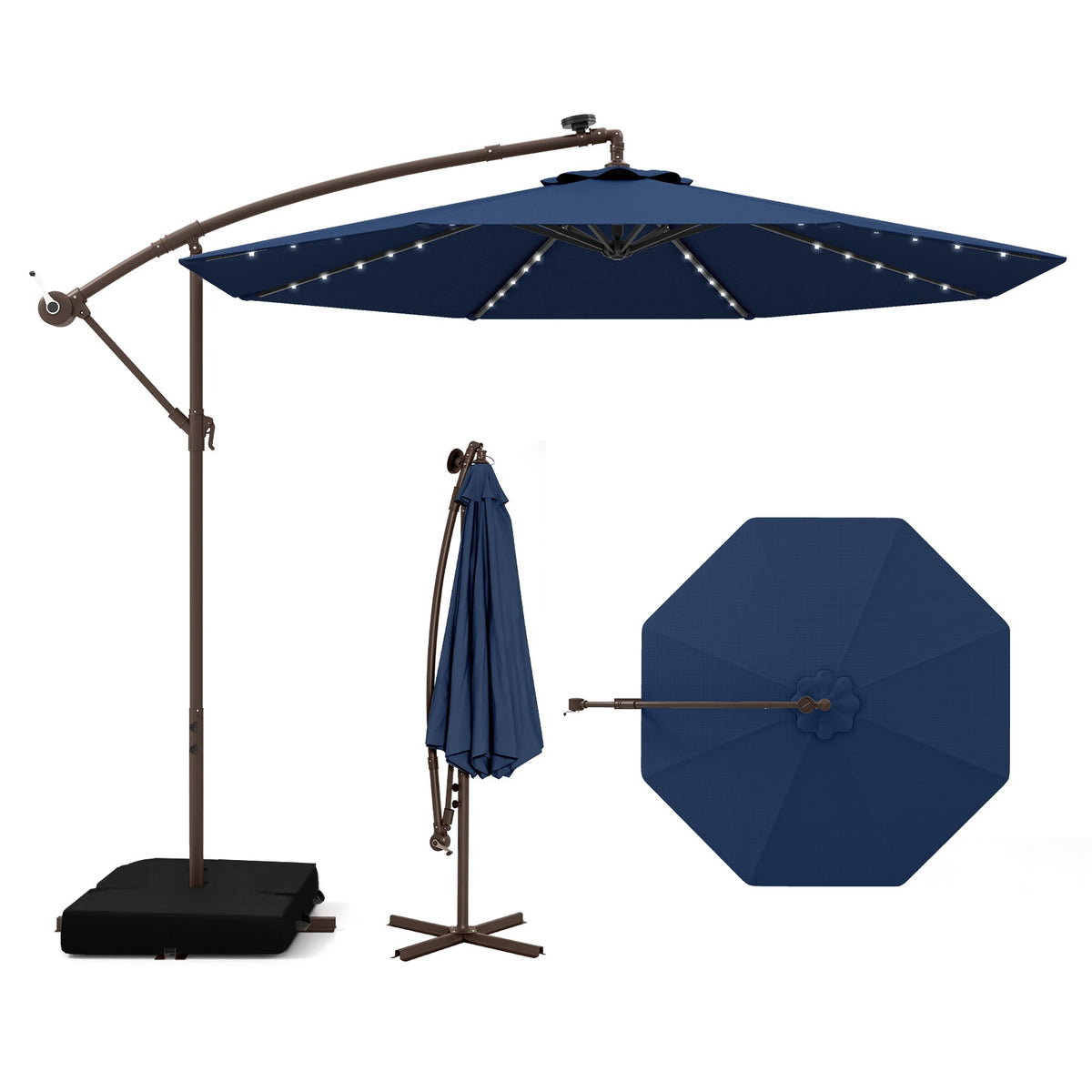 10 Feet Cantilever Umbrella with 32 LED Lights and Solar Panel Batteries