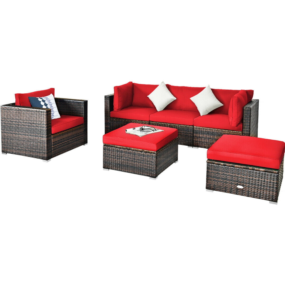 6 Pcs Patio Rattan Furniture Set with Sectional Cushion