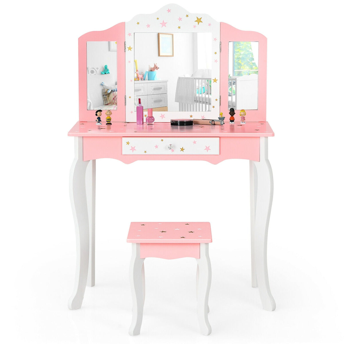 Kids Princess Vanity Table and Stool Set with Tri-folding Mirror and Drawer