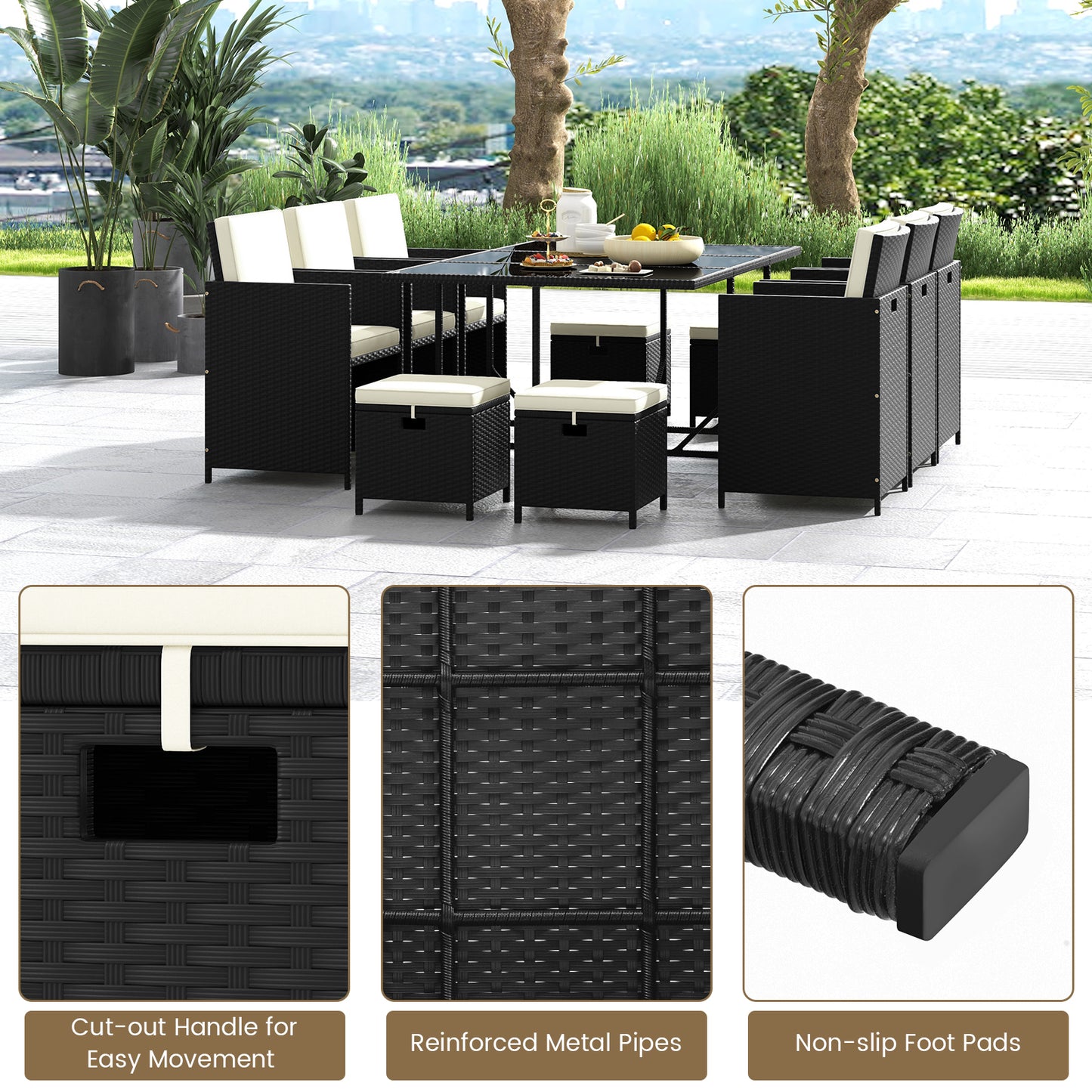 11-Piece Patio Dining Set with Wicker Chairs & Glass Table
