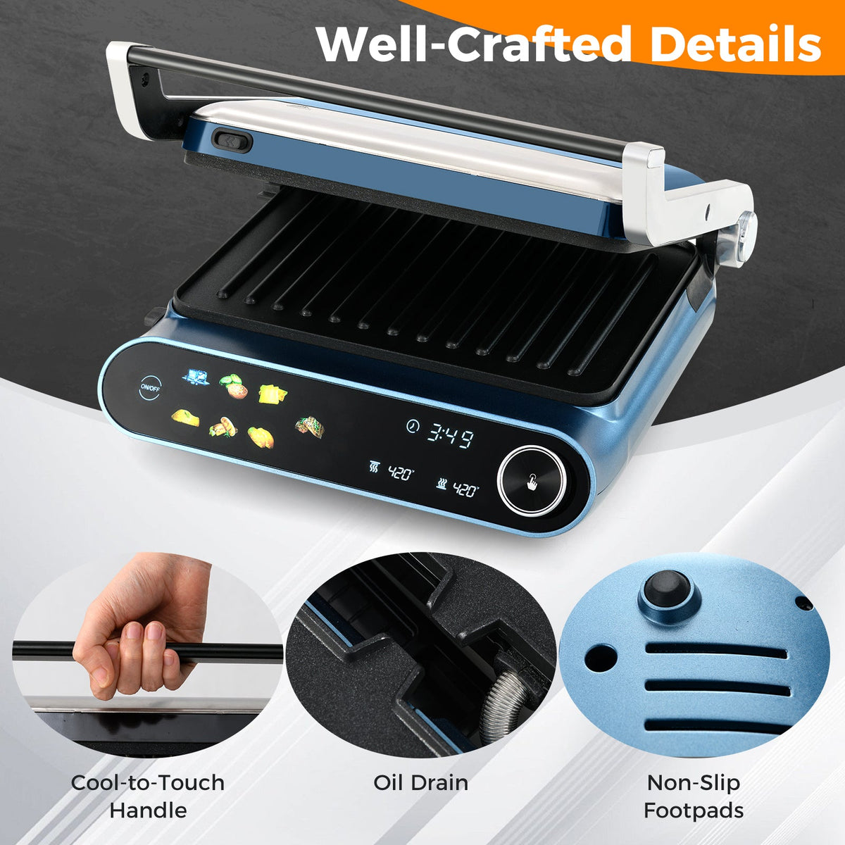 1200W Panini Press Grill with LED Display and 7 Grilling Modes-Blue