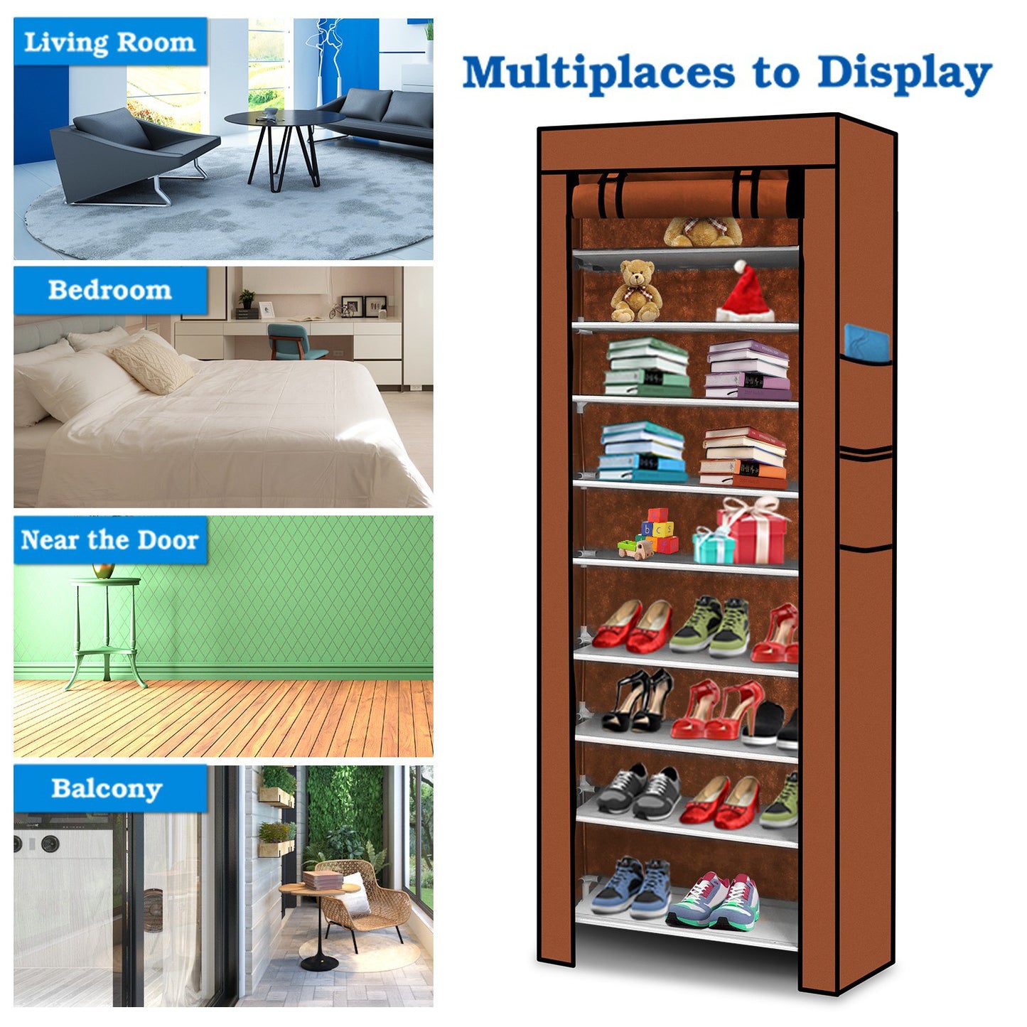 10-Tier Shoe Rack with Dustproof Cover - Holds 27 Pairs
