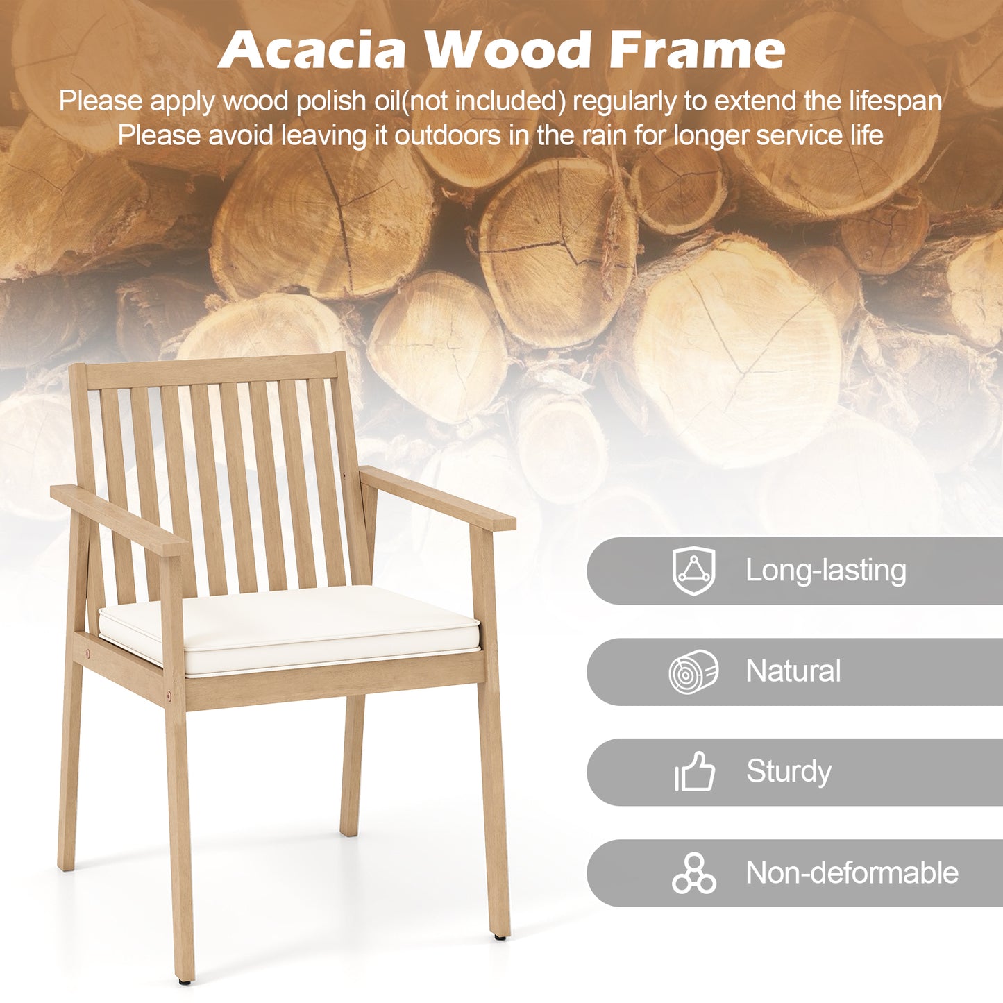 Acacia Wood Patio Dining Chairs with Removable Cushions (Set of 2)