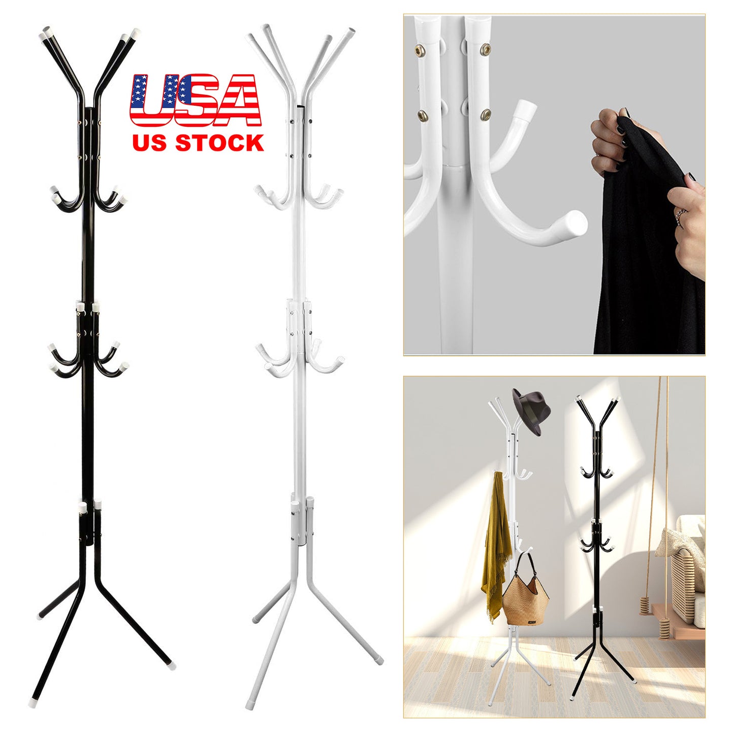 Standing Coat Rack with 8 Hooks - 3 Tier Metal Organizer