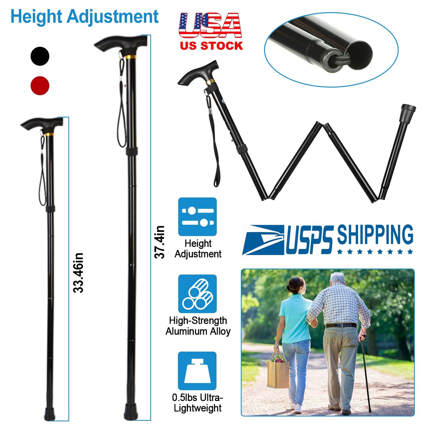 Walking Cane Aluminum Alloy Walking Stick Adjustable Folding Travel Hiking Stick Anti-Slip