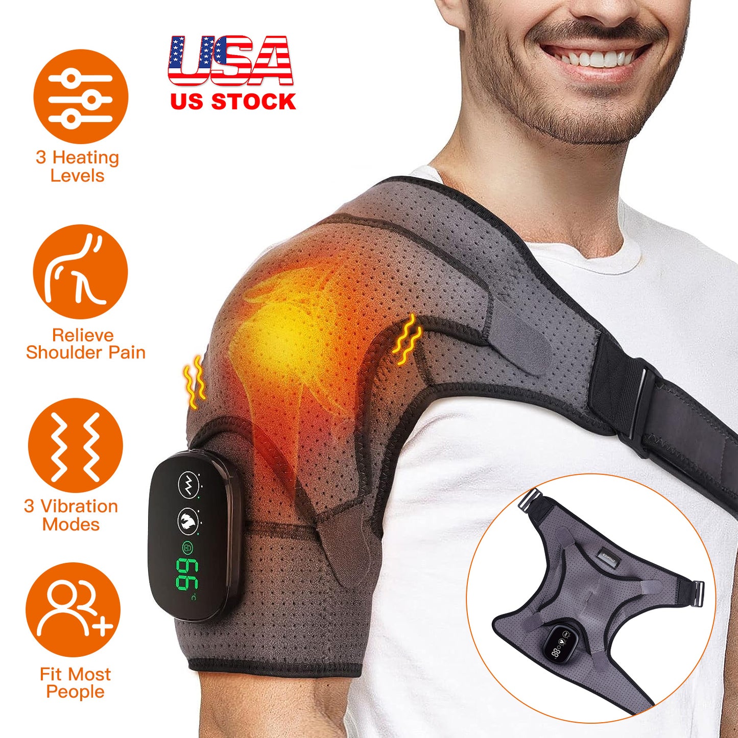 Cordless Shoulder Heating Pad Rechargeable Heated Shoulder Wrap Massager Shoulder Brace Supports with 3 Heating Levels 3 Vibration Modes for Left Righ
