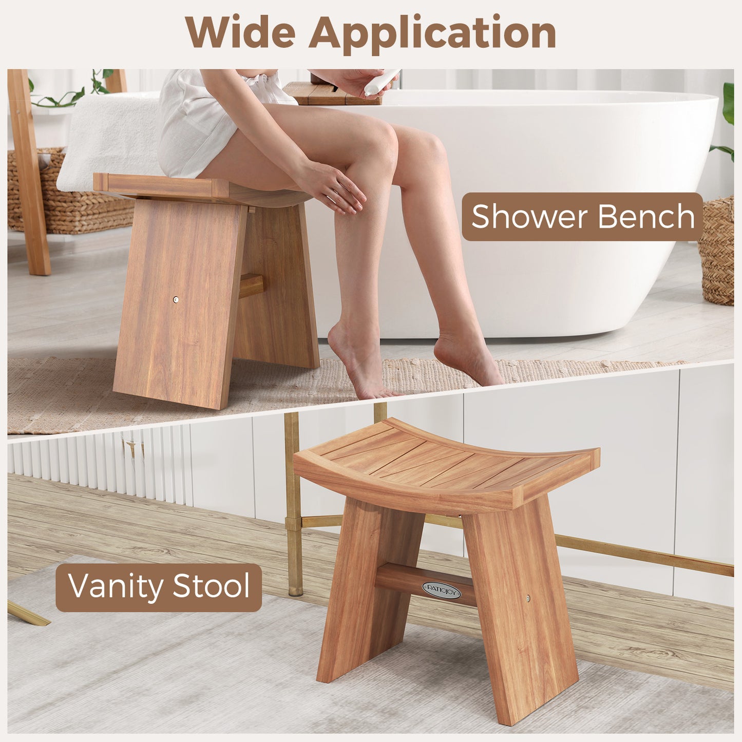 18 Inch Teak Wood Shower Bench with Curved Seat for Bathroom