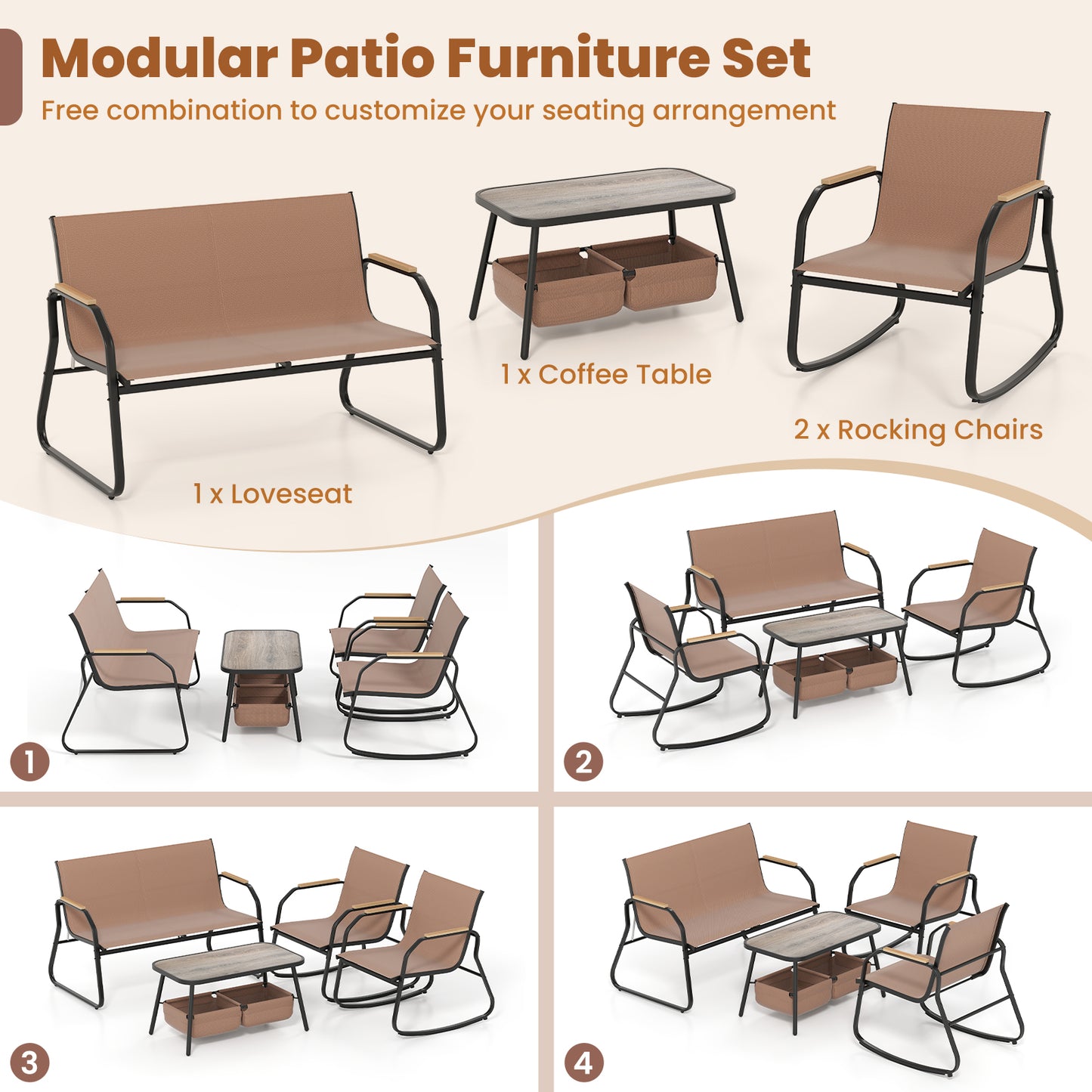 4-Piece Patio Conversation Set with Rocking Chairs & Loveseat