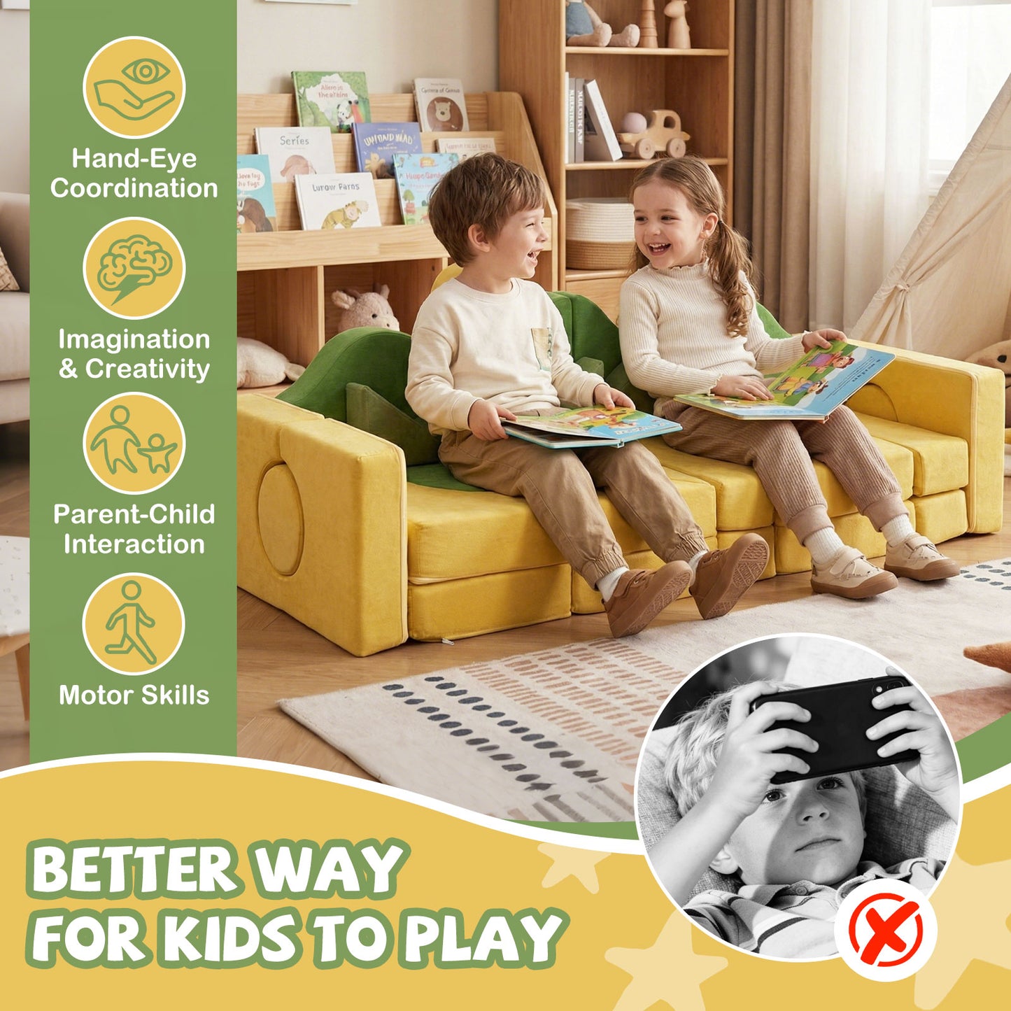 19-Piece Modular Kids Play Couch with Washable Velvet Cover