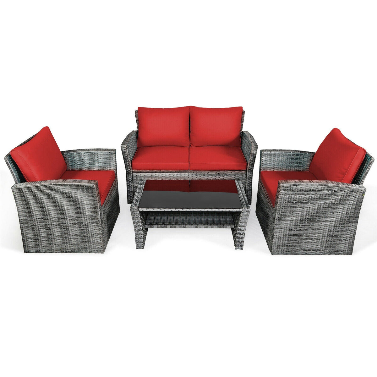 4 Pieces Patio Rattan Furniture Set Sofa Table with Storage Shelf Cushion