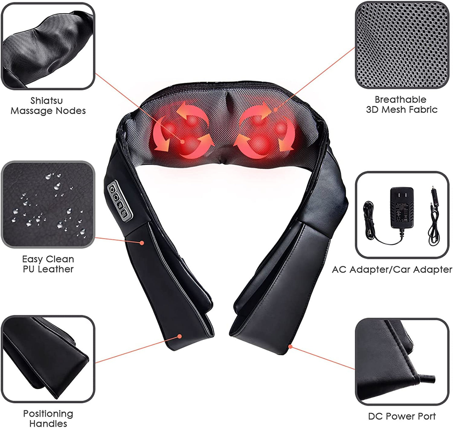 Electric Back and Neck Kneading Shoulder Massager with Heat Straps