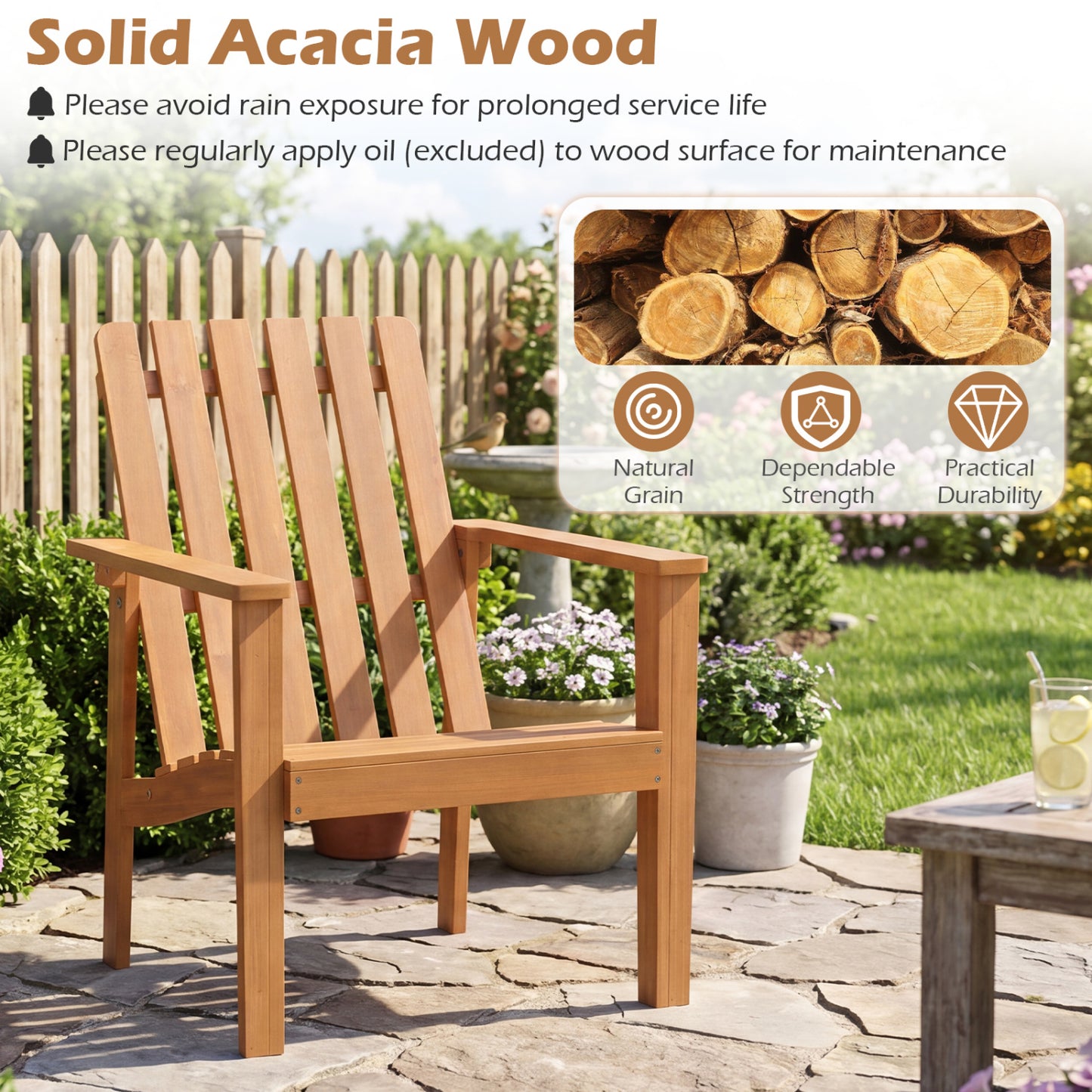 Acacia Wood Patio Dining Chair with Curved Seat (2-Pack)
