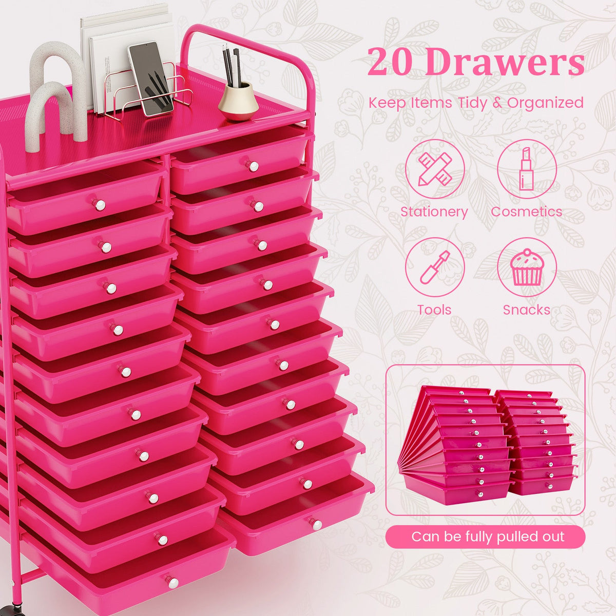 20 Removable Drawers Rolling Storage Cart Studio Organizer-Pink