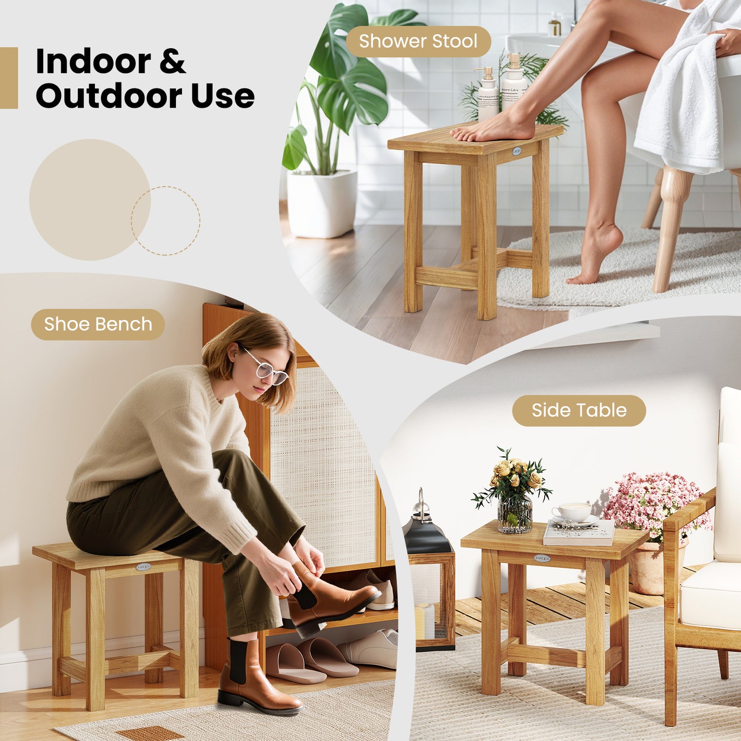 Teak Shower Bench 20 Inch Waterproof Bathroom Stool