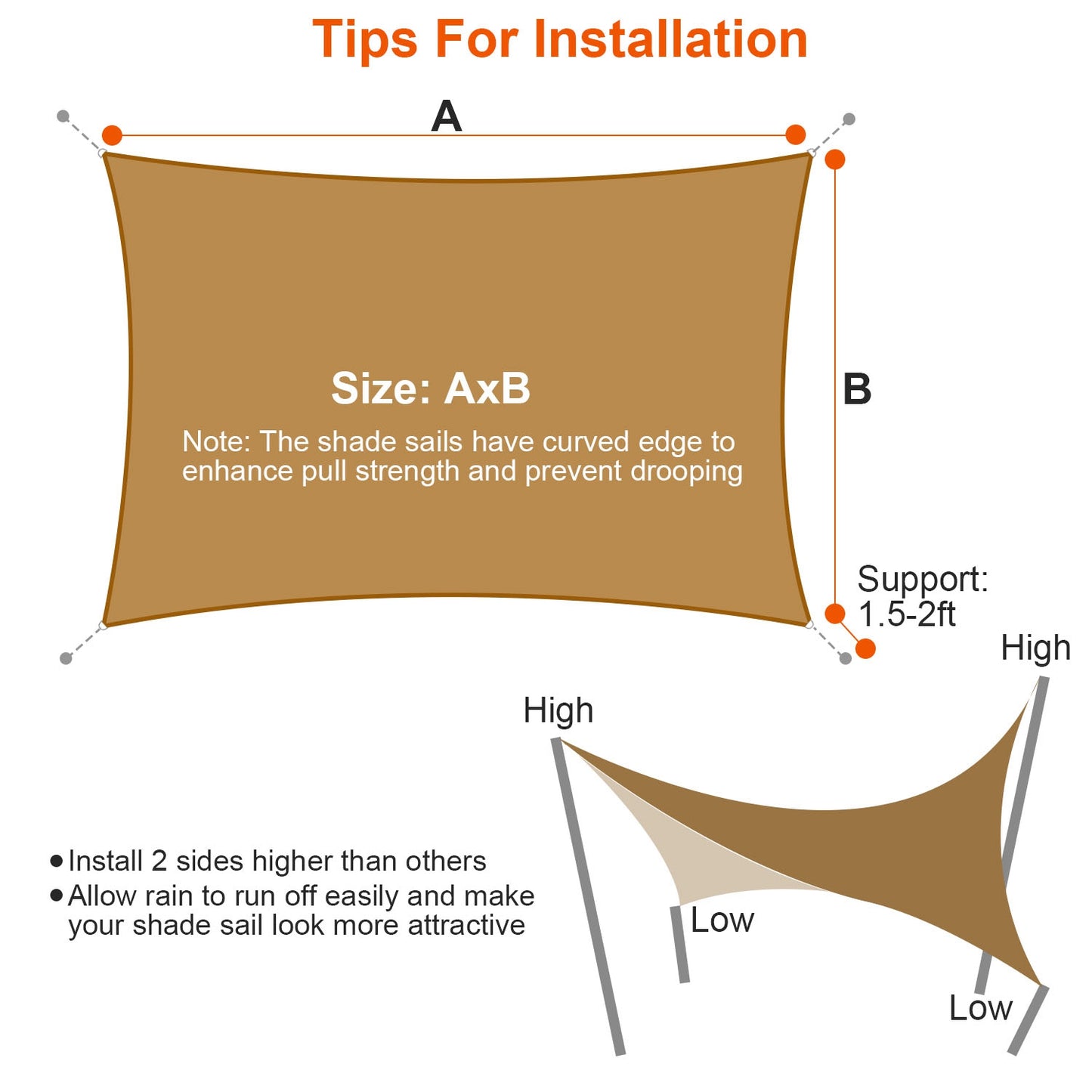 Rectangle Sun Shade Sail 98% UV Block HDPE Canopy with Ropes