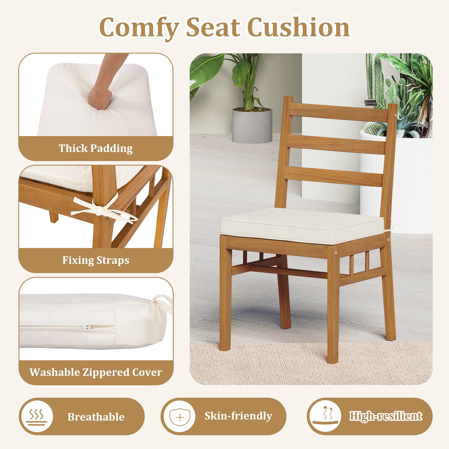 Acacia Wood Dining Chairs Set of 4 with Padded Cushions
