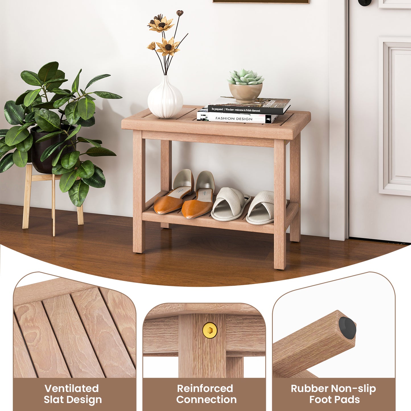 21 Inches Teak Shower Bench with Storage Shelf