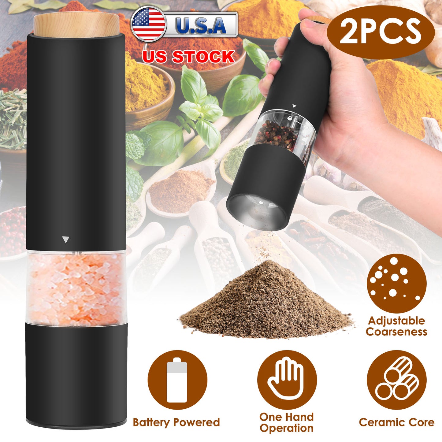 Electric Salt and Pepper Grinder Set - Battery Powered, 2 Pack