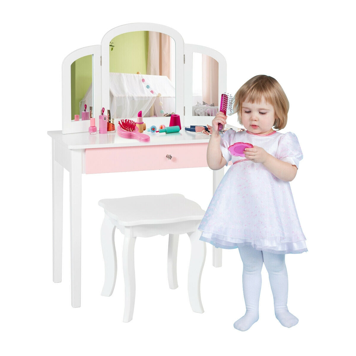 Kids Vanity Table with Tri-Fold Mirror and Chair Set