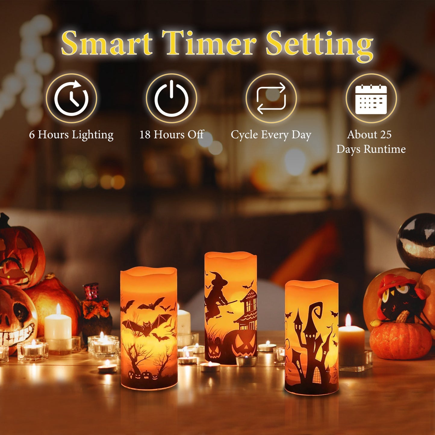 Flameless Halloween Candles with Timer - 3 Pack LED Battery Operated