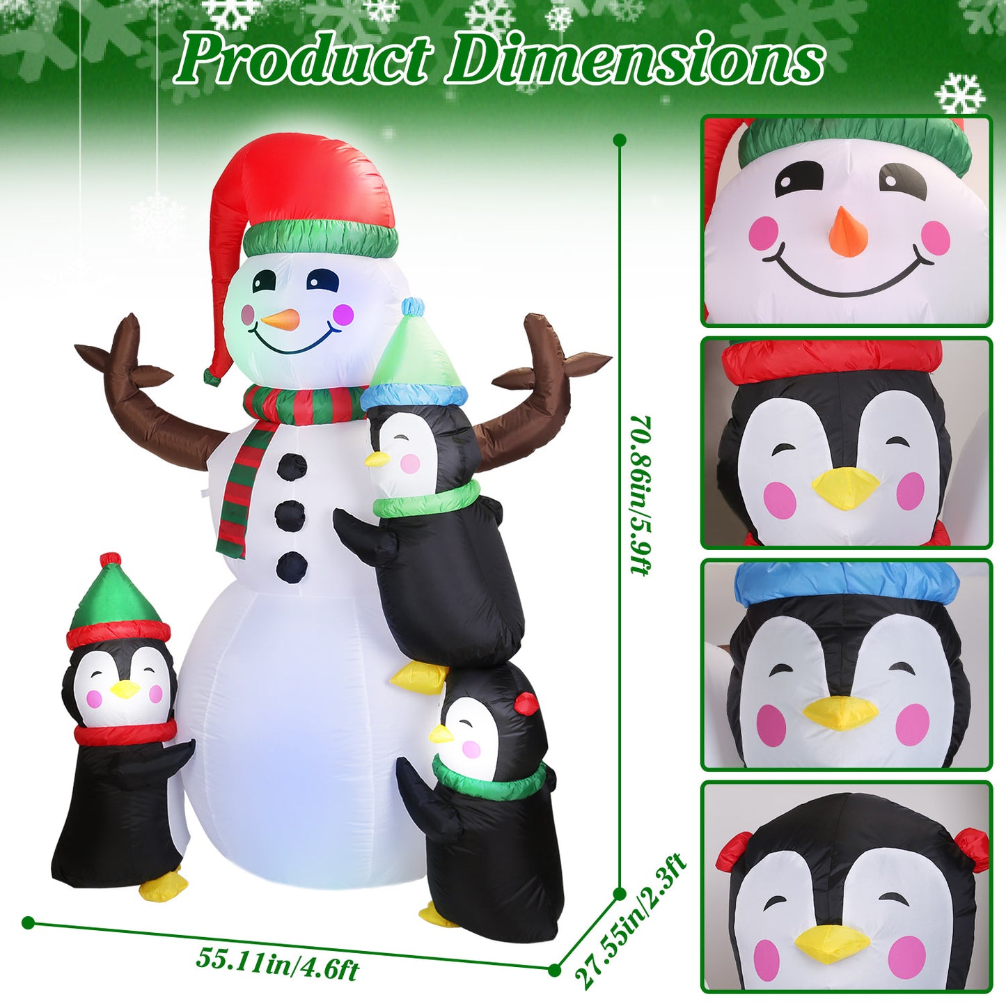 Christmas Inflatable Snowman with Penguins 5.9FT LED Outdoor