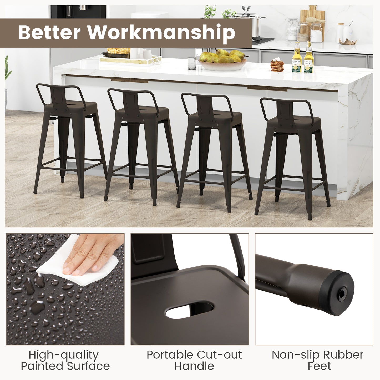 24-Inch Metal Bar Stools with Removable Backs, Set of 4