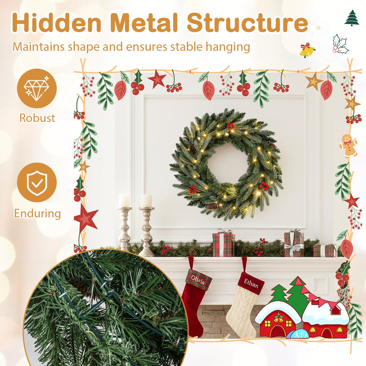 24” Pre-lit Christmas Wreath Set of 2 Front Door Artificial Xmas Wreath with 90 Frosted Branch Tips