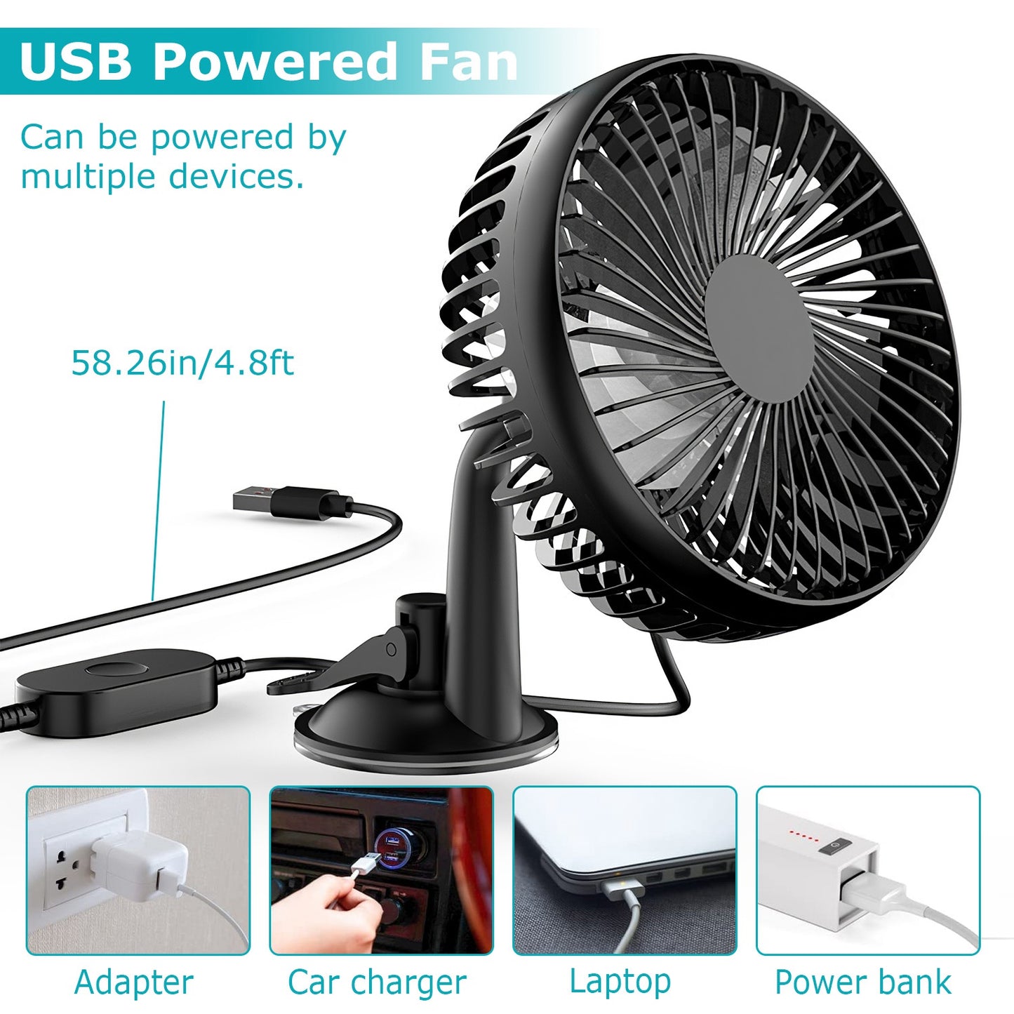 Car Cooling Fan USB Powered with 3 Speeds & Dual Mount