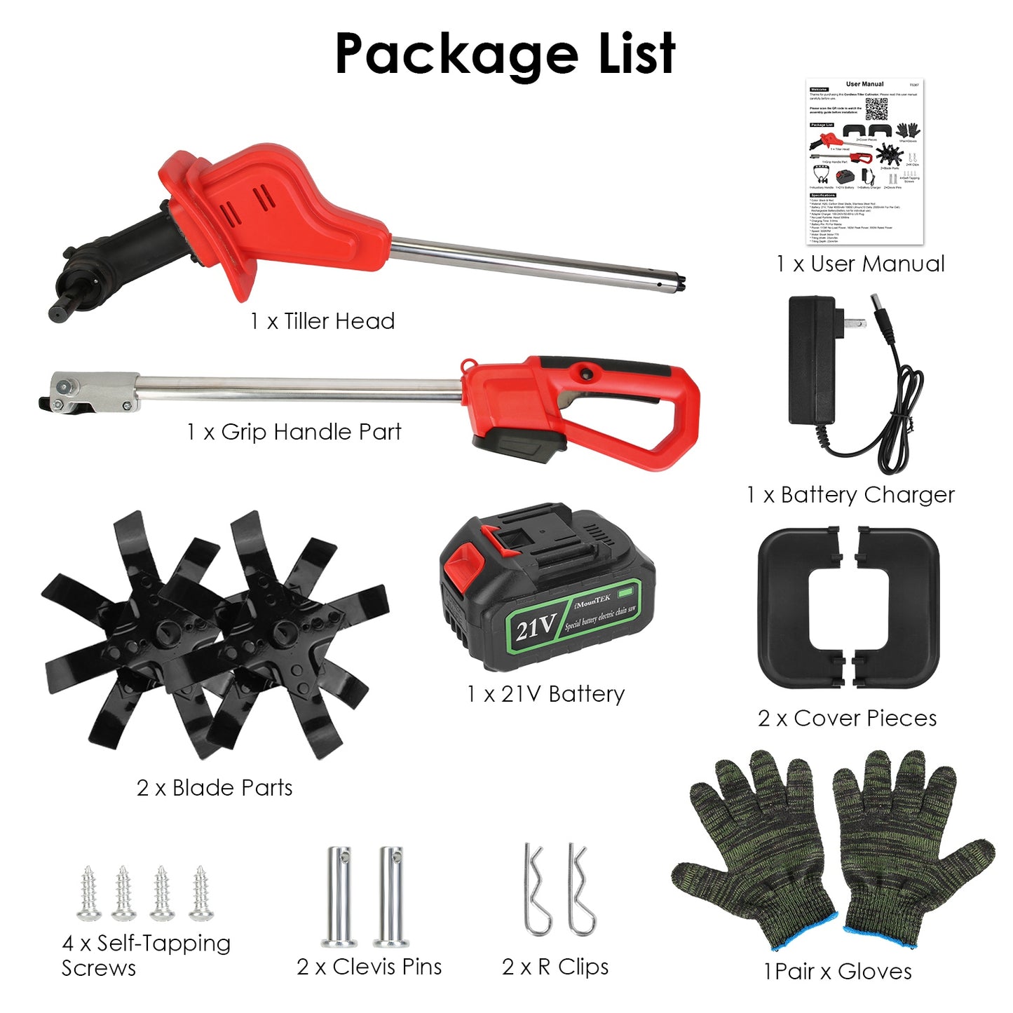 21V Cordless Electric Tiller Cultivator with 4 Blades