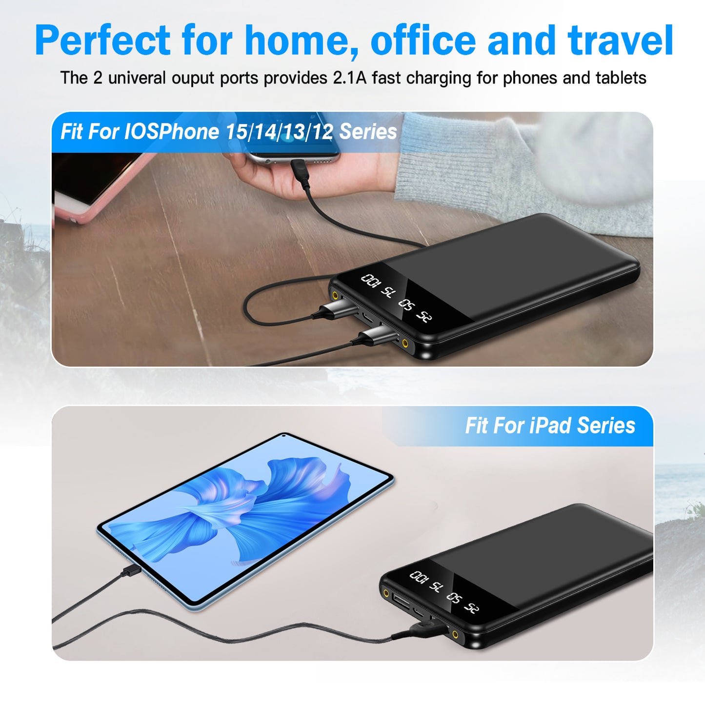 10000mAh Portable Power Bank with Digital Display & Flashlight